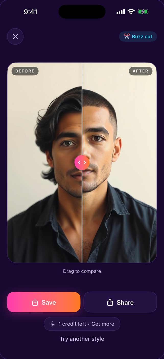 Lineup result screen comparing a man with medium wavy hair against the same man rendered with a buzz cut, face and skin tone unchanged