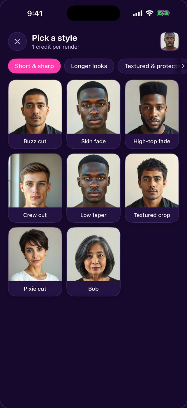 The Lineup style catalog showing buzz cut, skin fade, high-top fade, crew cut, low taper, textured crop, pixie cut and bob options on real faces