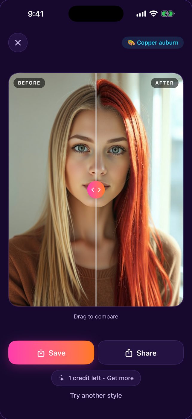 Lineup result screen comparing a woman with long blonde hair against the same woman rendered in copper auburn