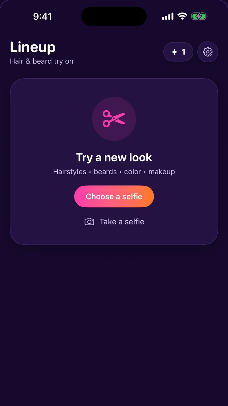 The Lineup home screen with a choose a selfie button and no sign-in, account, or ad anywhere on it
