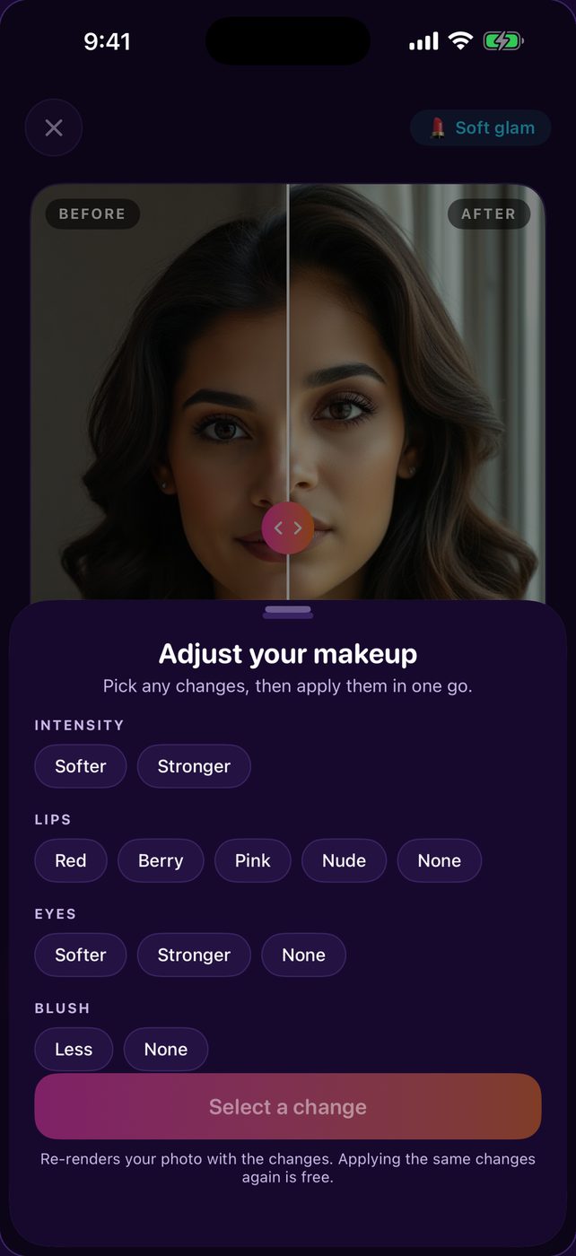 The Lineup adjust screen with intensity, lips, eyes and blush controls under a soft glam makeup render